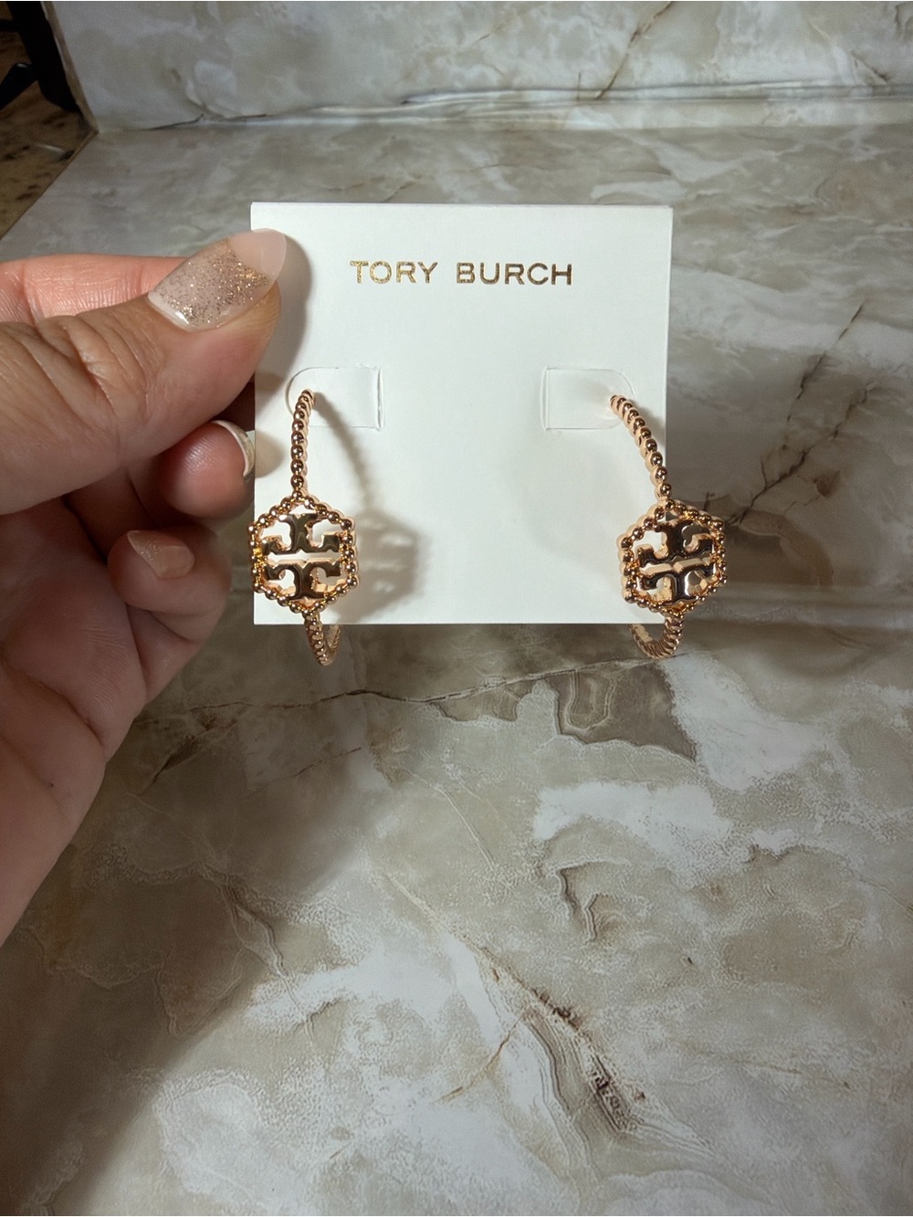 Tory Burch Miller Logo Hoop Earrings Rose Gold Pavé Double T - Picture 2 of 4